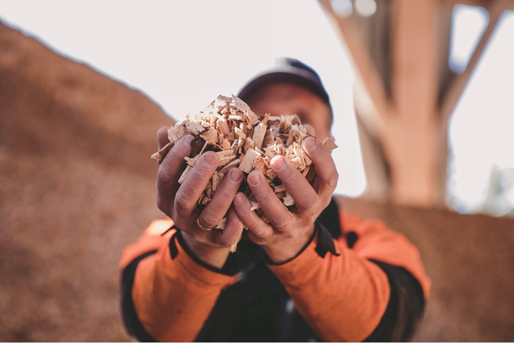 I Meldal leverer blant annet lokale b&oslash;nder t&oslash;mmer til Orkla Trebrensel som lager flis til flisfyring. Selv om dette er en viktig del av ressursutnyttelsen er det likevel mye som forblir uutnyttet. Foto: Kajsa Selnes - allsidig design.